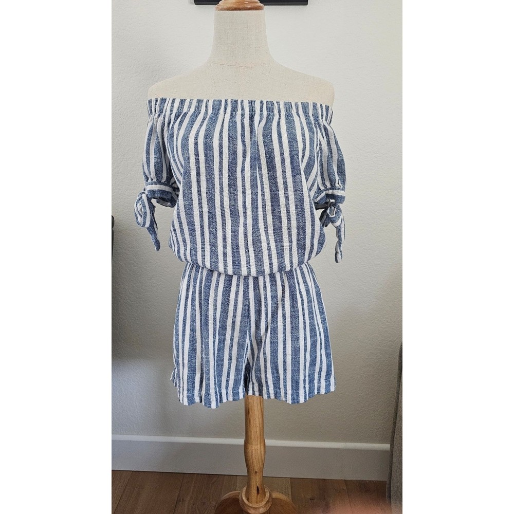 Off Shoulder Linen Blend Romper Shorts Blue Stripe sz 2 Small